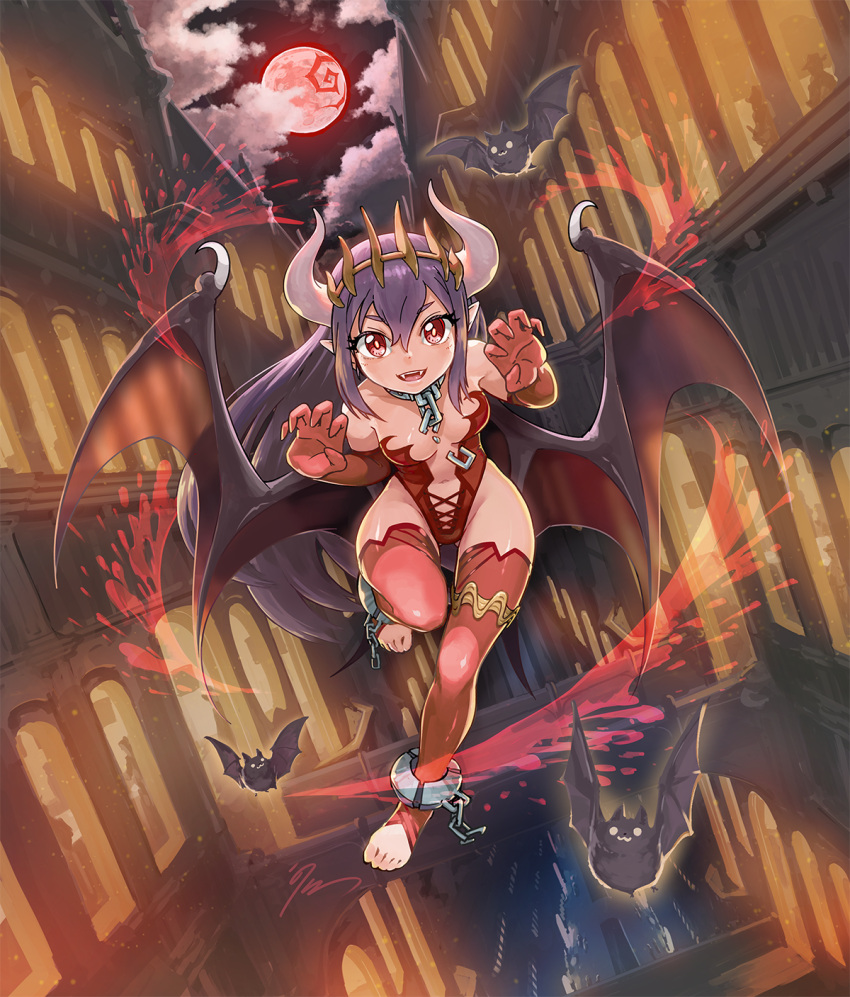 1girl :3 bat_(animal) breasts broken broken_chain building chain cloud collar commentary_request cuffs demon_girl demon_horns demon_wings elbow_gloves fangs full_body full_moon gloves hairband highres horns leotard long_hair moon navel night night_sky open_mouth original pointy_ears purple_hair red_eyes red_gloves red_leotard red_moon red_thighhighs shackles signature sky small_breasts smile solo strapless strapless_leotard thighhighs toeless_legwear unpopin very_long_hair wings