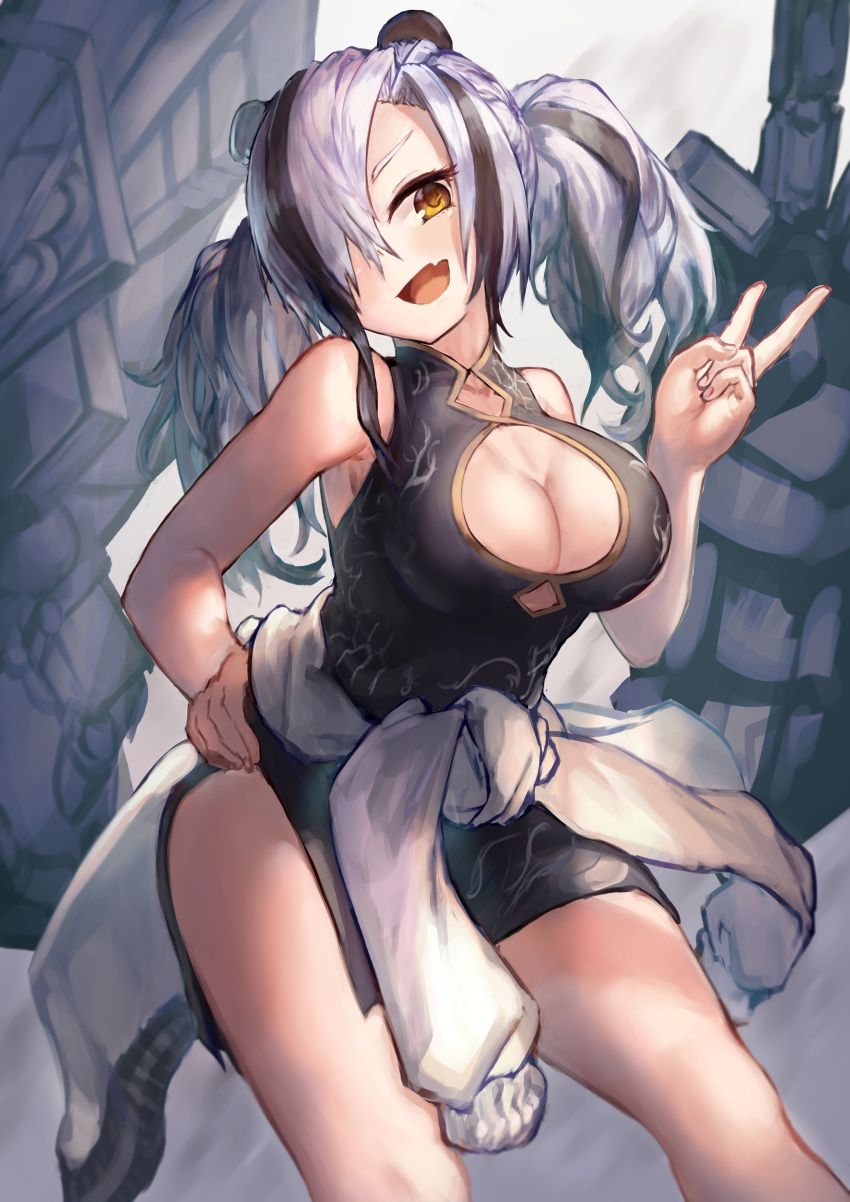 absurdres animal_ears arknights black_dress china_dress chinese_clothes cleavage_cutout clothing_cutout diamond_cutout dress feater_(arknights) hair_over_one_eye hand_on_own_hip highres looking_at_viewer multicolored_hair open_mouth panda_ears panda_girl print_dress sleeveless striped_hair taku57 two-tone_hair two_side_up v yellow_eyes