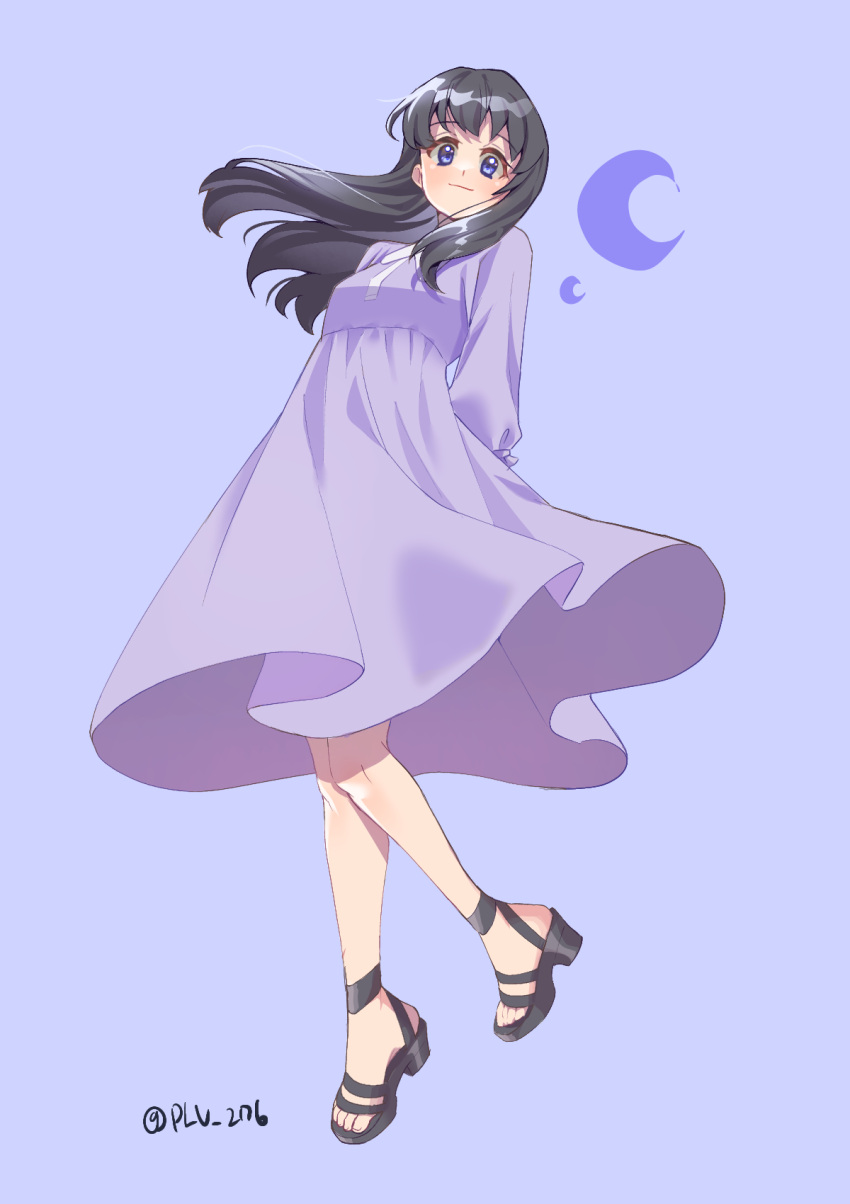 1girl arms_behind_back black_footwear black_hair closed_mouth crescent dot_nose dress full_body happinesscharge_precure! head_tilt highres hikawa_maria long_hair looking_at_viewer plv_276 precure purple_background purple_dress purple_eyes purple_theme sandals simple_background smile solo twitter_username