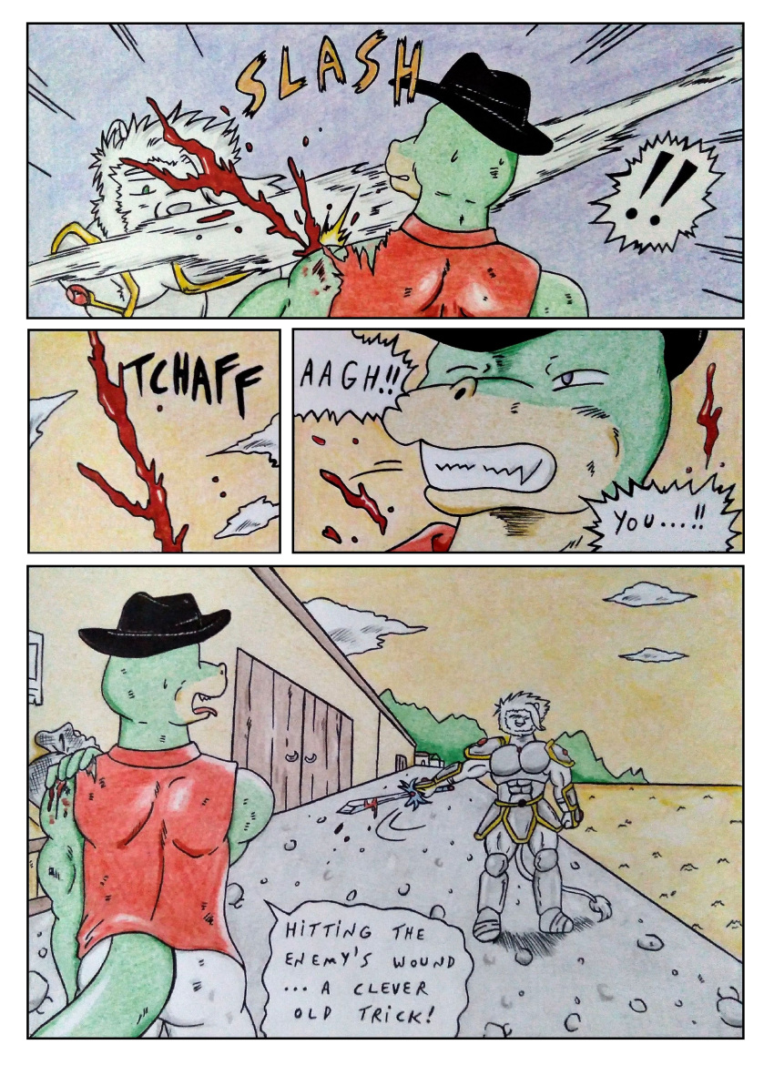 absurd_res action_scene albino albino_(seaborn) anthro armor armored_boots armored_gloves barazoku battle biceps black_clothing black_hat black_headwear blood blood_on_sword blood_on_weapon blood_splatter bodily_fluids calm chest_armor clenched_teeth clothed clothing comic comic_panel dashthefox detailed detailed_background dialogue english_text felid fight fingers fur green_body green_eyes hair handwear hat headgear headwear hi_res holding_object holding_weapon legwear lion lizard lizard_tail male mammal manly medieval medieval_armor medieval_clothing medieval_fantasy melee_weapon motion_lines movement muscular muscular_anthro muscular_male nikel one_eye_closed onomatopoeia pain pained_expression pantherine port purple_eyes red_clothing reptile scalie sea seaside serious serious_face shoulder_pads slashing sound_effects speech_bubble sunset surprise sword tail tail_tuft teeth teeth_showing text thick_tail topwear torn_clothing traditional_media_(artwork) tuft violence water weapon white_body white_fur white_hair wounded