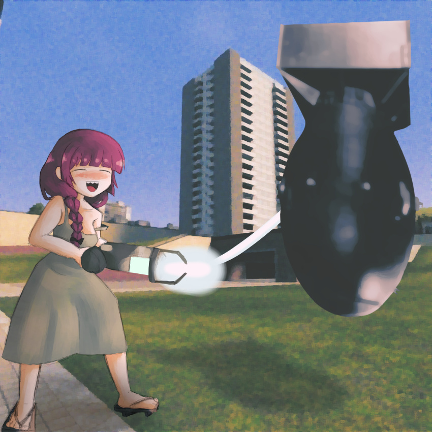 1girl :d =_= absurdres apartment blue_sky blunt_bangs blush bocchi_the_rock! bomb braid clear_sky commentary dress drunk english_commentary explosive full_body gameplay_mechanics garry's_mod gm_construct_(garry's_mod) grass gravity_gun green_dress highres hiroi_kikuri holding holding_weapon iesonatana long_hair nose_blush nuclear_weapon outdoors purple_hair sandals sharp_teeth sky smile solo standing strap_slip teeth upper_teeth_only weapon