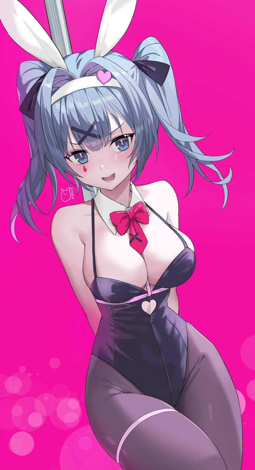 1girl :d absurdres animal_ears arms_behind_back bare_shoulders black_bow black_leotard black_pantyhose blue_hair blush bow bowtie breasts cleavage cowboy_shot detached_collar dutch_angle fake_animal_ears hair_bow hair_intakes hair_ornament hairband hatsune_miku highleg highleg_leotard highres jaeyun large_breasts legs_together leotard open_mouth pantyhose pink_background pink_bow pink_bowtie playboy_bunny pole rabbit_ears rabbit_hole_(vocaloid) short_hair short_twintails simple_background skindentation smile solo stripper_pole teardrop_facial_mark teeth thigh_strap thighs twintails vocaloid white_hairband x_hair_ornament