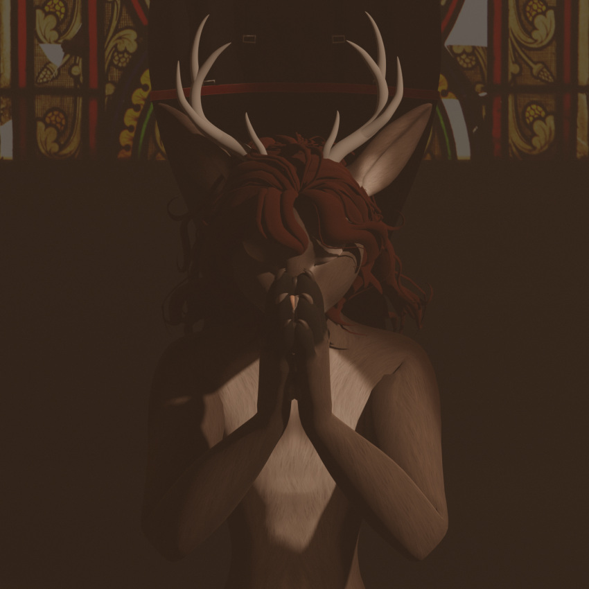 3d_(artwork) anthro church deer digital_media_(artwork) eyes_closed fur hair hi_res kneeling light lighting male mammal milo_(milomesmer) prayer praying religious_themes solo stained_glass unmakeyourself_(artist)