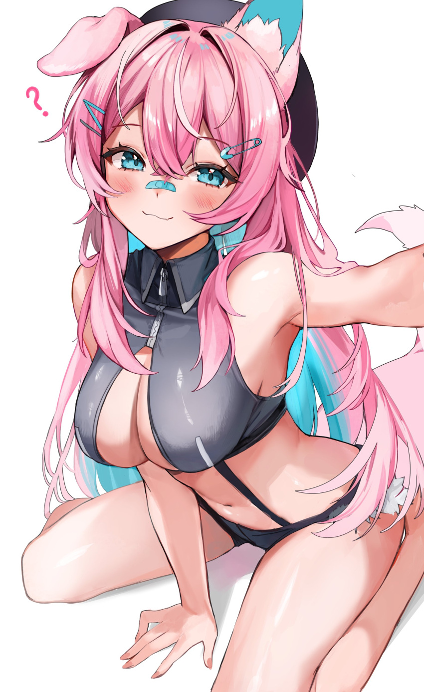 1girl :3 ? absurdres animal_ears bandaid bandaid_on_face bandaid_on_nose blue_eyes blush breasts cleavage colored_inner_hair crop_top dog_ears dog_girl dog_tail english_commentary fang hair_between_eyes hat highres indie_virtual_youtuber large_breasts long_hair looking_at_viewer multicolored_hair navel pink_hair safety_pin selfie sitting skin_fang solo tail two-tone_hair virtual_youtuber wariza white_background yuniiho yuniiho_(vtuber)