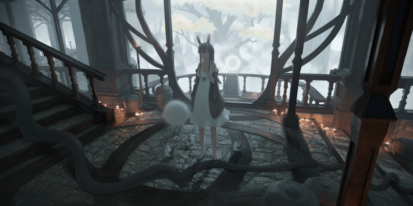 1girl absurdres animal_ears bare_shoulders bird black_footwear black_hair candle dandelion dress fence flower full_body hand_up highres jar original pillar rabbit_ears railing scenery shadow stairs standing stone_floor tree white_dress window yao_ren_gui