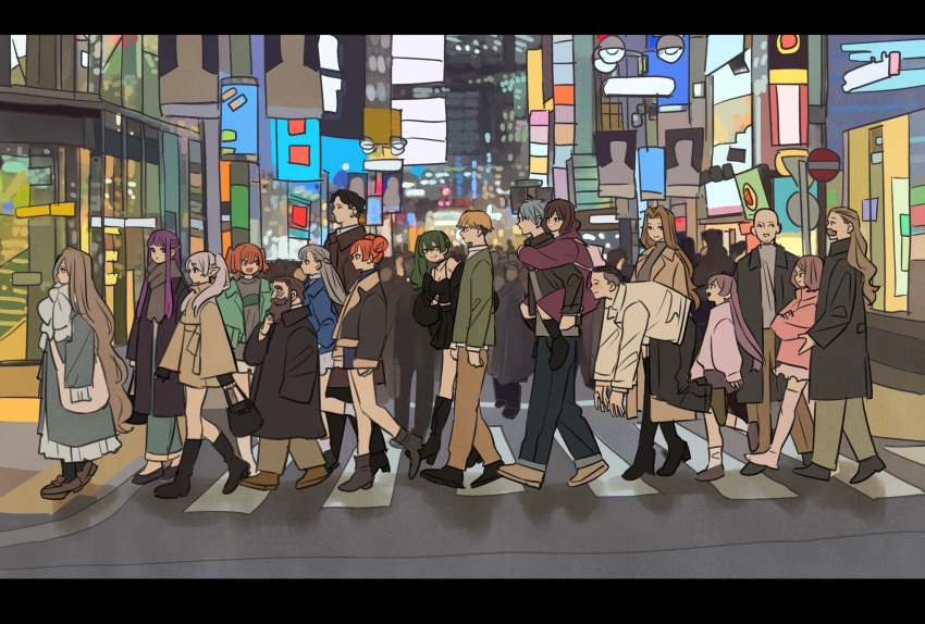 6+boys 6+girls bag bald black_bag black_coat black_footwear blei_(sousou_no_frieren) blue_coat boots brown_footwear city_lights cityscape coat commentary_request contemporary crosswalk denken_(sousou_no_frieren) dunste_(sousou_no_frieren) edel_(sousou_no_frieren) ehre_(sousou_no_frieren) everyone facial_hair fern_(sousou_no_frieren) floating frieren from_side full_body green_coat grey_coat handbag highres kanne_(sousou_no_frieren) lamppost land_(sousou_no_frieren) lange_(sousou_no_frieren) laufen_(sousou_no_frieren) lawine_(sousou_no_frieren) letterboxed levitation long_hair looking_at_another methode_(sousou_no_frieren) multiple_boys multiple_girls mustache night outdoors profile richter_(sousou_no_frieren) road scharf_(sousou_no_frieren) sense_(sousou_no_frieren) shoulder_bag sousou_no_frieren street takeuchi_ryousuke ubel_(sousou_no_frieren) walking wirbel_(sousou_no_frieren)