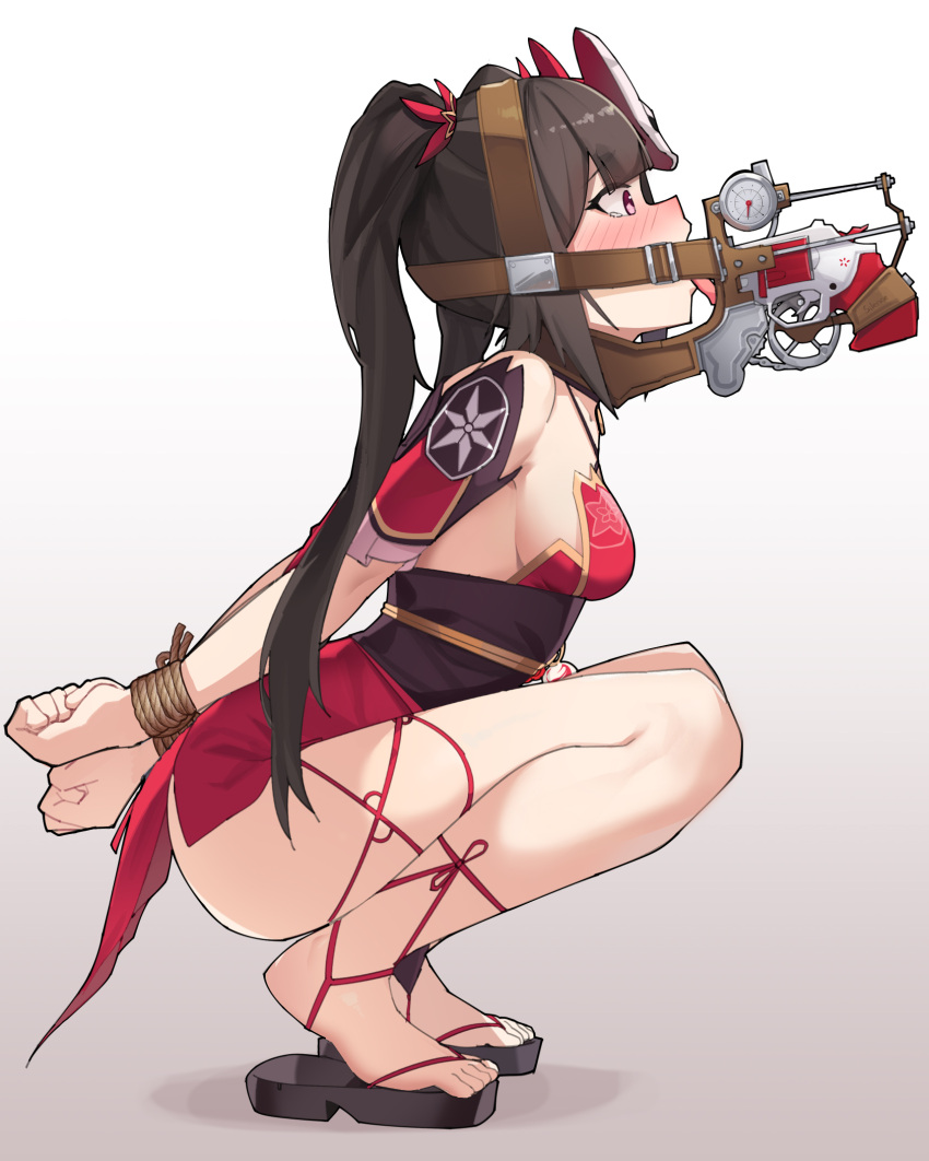 1girl arms_behind_back bare_shoulders bdsm black_footwear black_hair black_sash bondage bound bound_wrists breasts commentary_request commission detached_sleeves dress gun highres hns honkai:_star_rail honkai_(series) long_hair obi red_dress revolver rope sandals sash second-party_source short_dress short_sleeves small_breasts solo sparkle_(honkai:_star_rail) squatting thighs twintails very_long_hair weapon