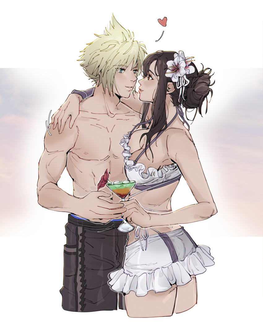 1boy 1girl arm_around_shoulder bikini bikini_skirt black_hair blonde_hair cloud_strife cloud_strife_(wild_surf) cocktail_glass couple cropped_legs cup drinking_glass final_fantasy final_fantasy_vii final_fantasy_vii_rebirth final_fantasy_vii_remake flower frilled_bikini frills hair_flower hair_ornament heart highres male_swimwear official_alternate_costume official_alternate_hairstyle pudelmudel smile swim_trunks swimsuit tifa_lockhart tifa_lockhart_(shining_spirit)