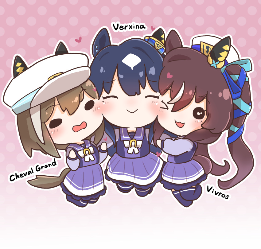 3girls :3 :o ;d animal_ears blue_hair blue_ribbon blush bow bowtie brown_hair character_name cheval_grand_(umamusume) chibi chokueji commentary dark_blue_hair ear_covers facing_viewer full_body hair_between_eyes hair_ribbon hat hat_belt highres horse_ears horse_girl horse_tail horseshoe_ornament leg_up long_hair long_sleeves mole mole_under_eye multicolored_hair multiple_girls no_shoes one_eye_closed peaked_cap pleated_skirt purple_serafuku purple_shirt purple_skirt purple_thighhighs ribbon sailor_collar sailor_shirt school_uniform serafuku shirt siblings single_ear_cover sisters skirt smile streaked_hair tail thighhighs tracen_school_uniform twintails typo umamusume v_sisters verxina_(umamusume) vivlos_(umamusume) white_bow white_bowtie white_hair white_headwear