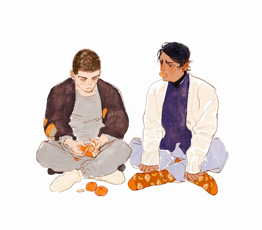 2boys black_eyes black_hair blue_shirt brown_hair cardigan chengongzi123 closed_eyes closed_mouth collared_shirt dark-skinned_male dark_skin facial_hair food fruit full_body goatee golden_kamuy grey_pants grey_shirt highres indian_style koito_otonoshin long_sleeves looking_at_another male_focus monkey_print mouth_hold multiple_boys orange_(fruit) orange_socks pants peeling shirt short_hair simple_background sitting sleeves_past_wrists socks tsukishima_hajime very_short_hair white_background