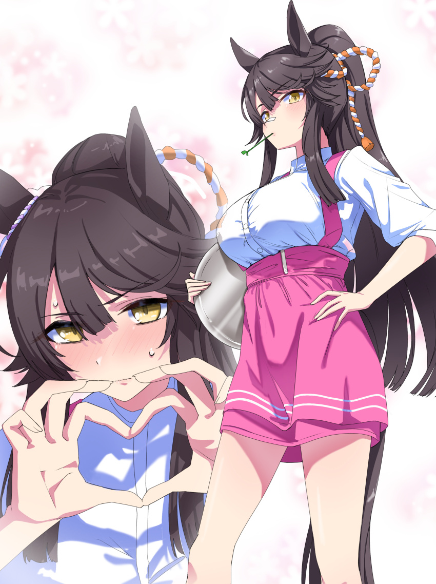 1girl absurdres animal_ears bandaid bandaid_on_face bandaid_on_nose black_hair blush breasts commentary_request embarrassed hand_on_own_hip heart heart_hands highres holding holding_tray horse_ears horse_girl horse_tail large_breasts long_hair mouth_hold multiple_views narita_brian_(umamusume) nerukichikatafukuma nose_blush pink_skirt ponytail rope shimenawa shirt simple_background skirt stalk_in_mouth sweat tail tray umamusume waitress white_background white_shirt