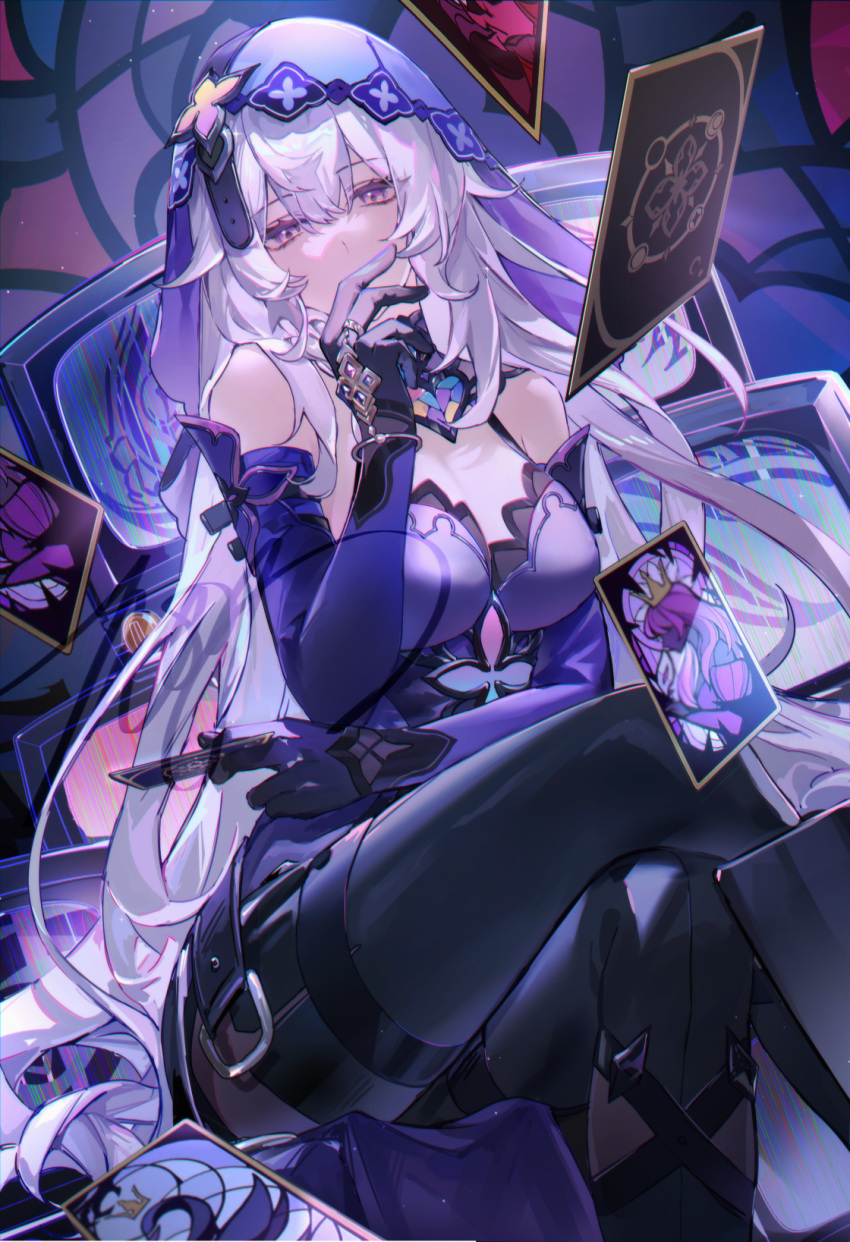 1girl bare_shoulders black_gloves black_swan_(honkai:_star_rail) breasts card crossed_legs dress elbow_gloves gloves highres honkai:_star_rail honkai_(series) large_breasts long_hair looking_at_viewer mors_gn pantyhose purple_dress purple_eyes purple_hair sitting sleeveless sleeveless_dress solo veil very_long_hair