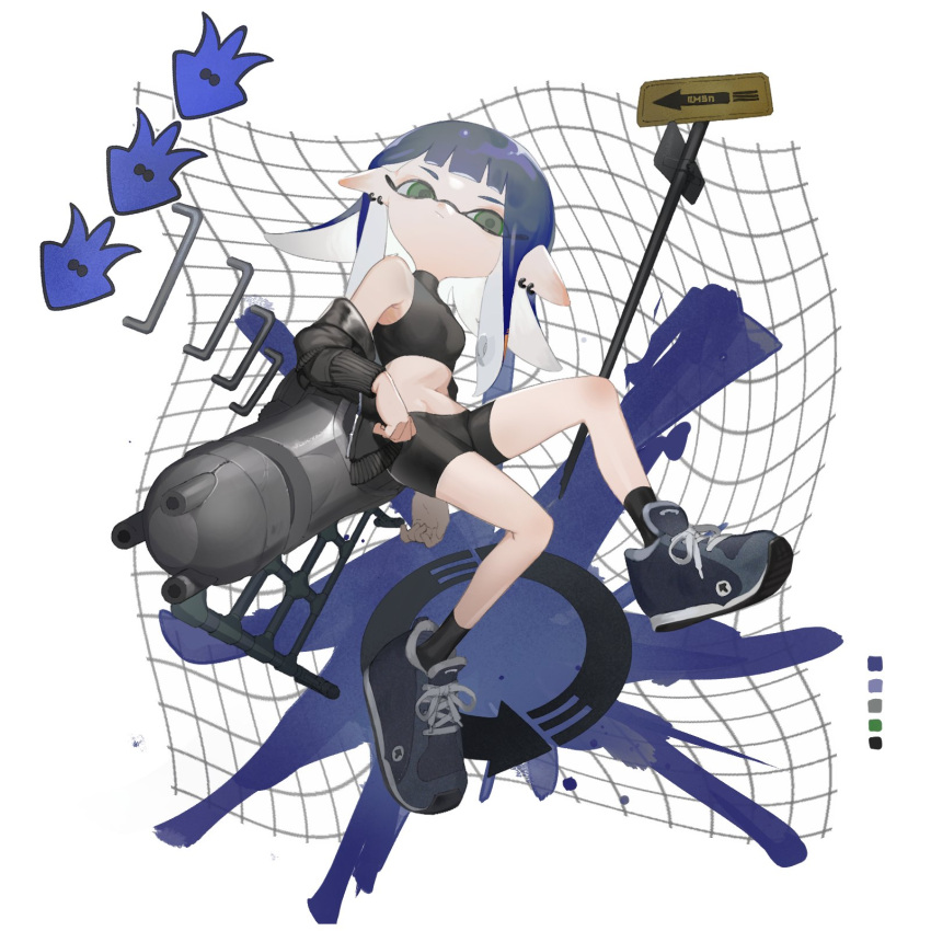 1girl :/ ankle_socks bare_shoulders bike_shorts black_hoodie black_shirt black_shorts black_socks blue_footwear blue_hair clenched_hand closed_mouth crop_top earrings green_eyes highres hood hoodie inkling inkling_girl inkling_player_character jewelry kei_(a_key_kuuuun) leaning_on_weapon long_hair midriff nautilus_(splatoon) pointy_ears road_sign shirt shorts sign socks solo splatoon_(series) tentacle_hair white_background