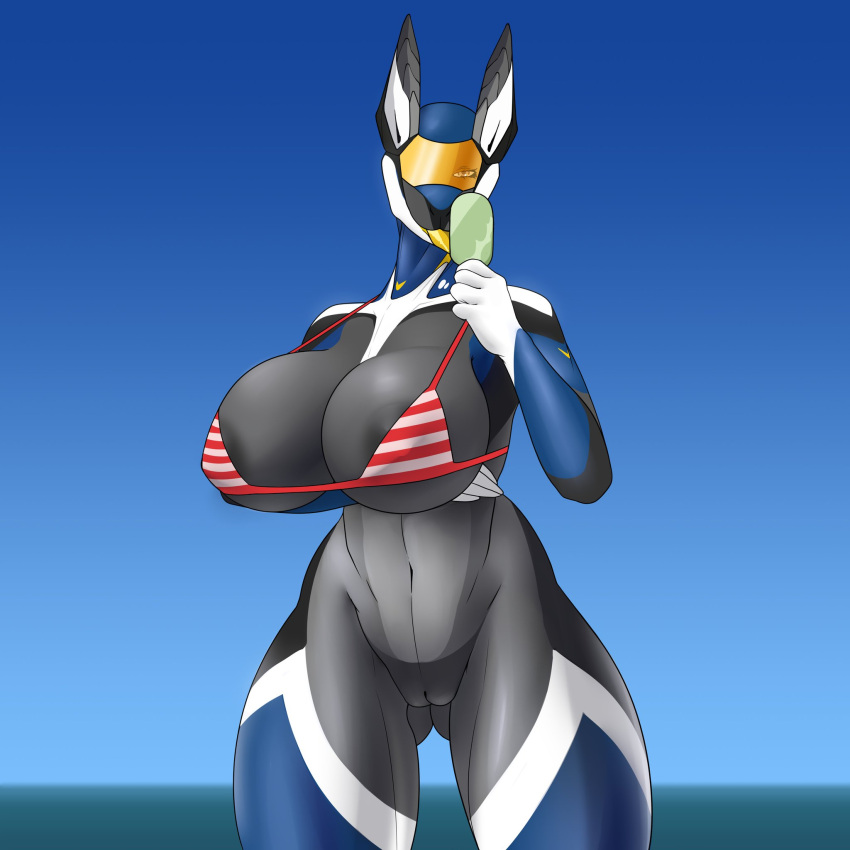 android anthro areola big_breasts bikini bikini_top blue_body blue_skin breasts clothing cognizant_blue female genitals grey_body grey_skin hi_res machine outside pussy robot simple_background solo swimwear thick_thighs white_body white_skin wide_hips xeddo yellow_eyes
