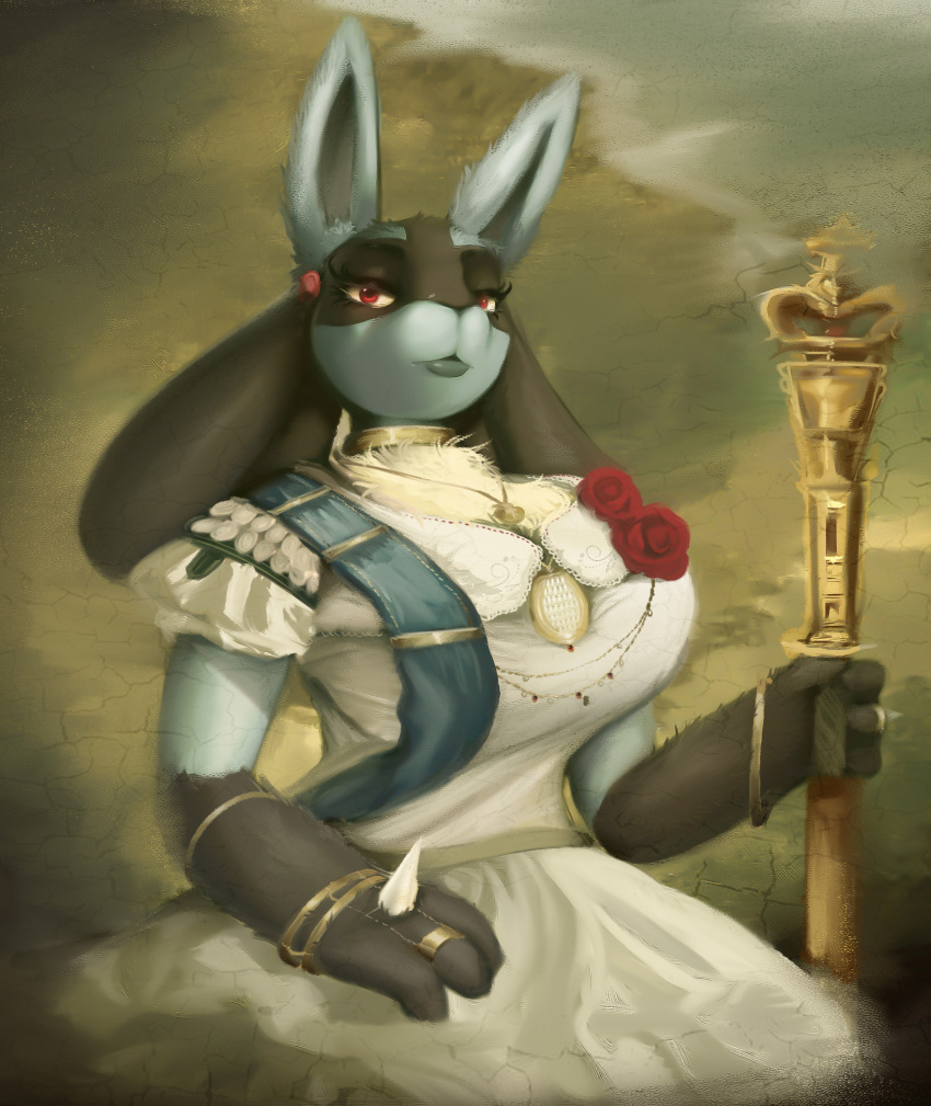 2023 anthro armband choker clothed clothing detailed_background dress female flower generation_4_pokemon hi_res holding_object jewelry lucario necklace nintendo plant pokemon pokemon_(species) portrait puffy_sleeves red_eyes ring rose_(flower) sagaris_uwu sash scepter sitting solo spikes spikes_(anatomy)