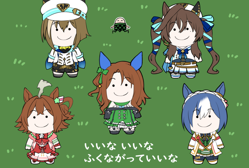 1other 5girls absurdres ahoge animal_ears aramori_susumu ascot black_shorts blue_hair blue_ribbon braid brown_hair buttons cape cesario_(umamusume) cheval_grand_(umamusume) chibi commentary crown_braid double-breasted dress ear_covers ear_ornament fukunaga_yuuichi gintama green_dress hair_between_eyes hair_intakes hair_ribbon hat hat_belt highres horse_ears horse_girl jacket just_a_way_(racehorse) justaway king_halo_(umamusume) long_hair looking_at_viewer manga_nippon_mukashi_banashi medium_hair multicolored_hair multiple_girls off-shoulder_dress off_shoulder parody peaked_cap rhein_kraft_(umamusume) ribbon sailor_hat short_hair shorts siblings sisters smile streaked_hair twintails two-tone_hair umamusume vivlos_(umamusume) white_hair white_headwear white_jacket yellow_ascot