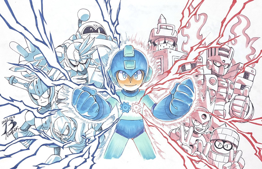 6+boys acid_man anniversary artist_logo blast_man block_man blue_bodysuit blue_eyes blue_headwear bodysuit bounce_man dated double_v electricity fire forehead_jewel fuse_man gears happy helmet highres humanoid_robot impact_man mega_man_(character) mega_man_(classic) mega_man_(series) mega_man_11 multiple_boys one_eye_closed pn13ban robot spikes thumbs_up torch_man tundra_man v