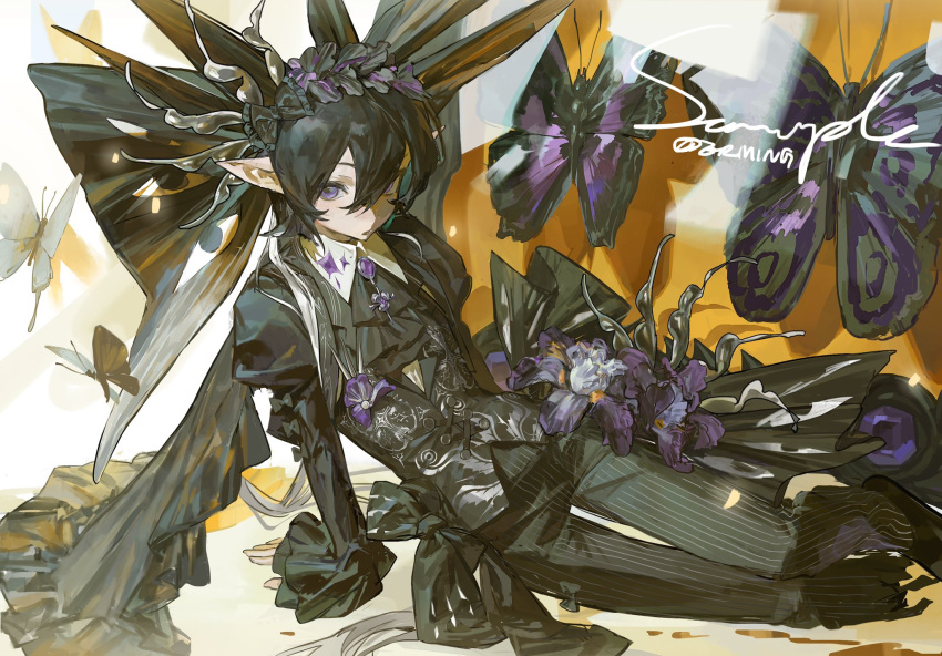 1girl artist_name ascot black_ascot black_hair black_suit bug butterfly chest_jewel commentary erming225 feet_out_of_frame gem hair_between_eyes highres long_hair long_sleeves looking_at_viewer original pants purple_eyes purple_gemstone sitting solo striped_clothes striped_pants suit twintails vertical-striped_clothes vertical-striped_pants watermark