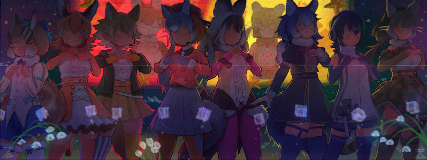 6+girls animal_ears bat_ears bat_girl bat_wings black_hair blonde_hair blue_hair brown_hair brown_long-eared_bat_(kemono_friends) caracal_(kemono_friends) cat_ears cat_girl cat_tail chipmunk_ears chipmunk_girl chipmunk_tail coyote_(kemono_friends) dire_wolf_(kemono_friends) extra_ears fox_ears fox_girl fox_tail geoffroy's_cat_(kemono_friends) grey_hair hat highres humboldt_penguin_(kemono_friends) imnim_leef island_fox_(kemono_friends) jungle_cat_(kemono_friends) kemono_friends kemono_friends_v_project large-spotted_genet_(kemono_friends) long_hair microphone multiple_girls orange_hair penguin_girl penguin_tail ribbon short_hair siberian_chipmunk_(kemono_friends) simple_background tail twintails virtual_youtuber wings wolf_ears wolf_girl wolf_tail