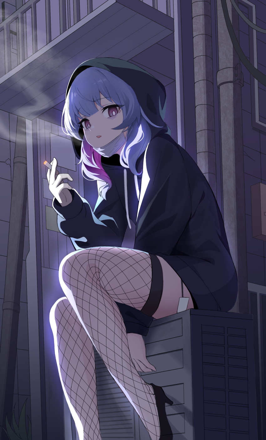 1girl :o absurdres arsene_(57109611) black_footwear black_hoodie blue_hair cigarette drawstring fishnet_thighhighs fishnets foot_out_of_frame foot_up hatsune_miku high_heels highres holding holding_cigarette hood hood_up hoodie long_bangs long_hair looking_at_viewer mask mask_around_neck mouth_mask multicolored_hair night no_pants open_mouth outdoors pink_hair purple_eyes rabbit_hole_(vocaloid) smoke_trail solo surgical_mask thighhighs two-tone_hair vocaloid