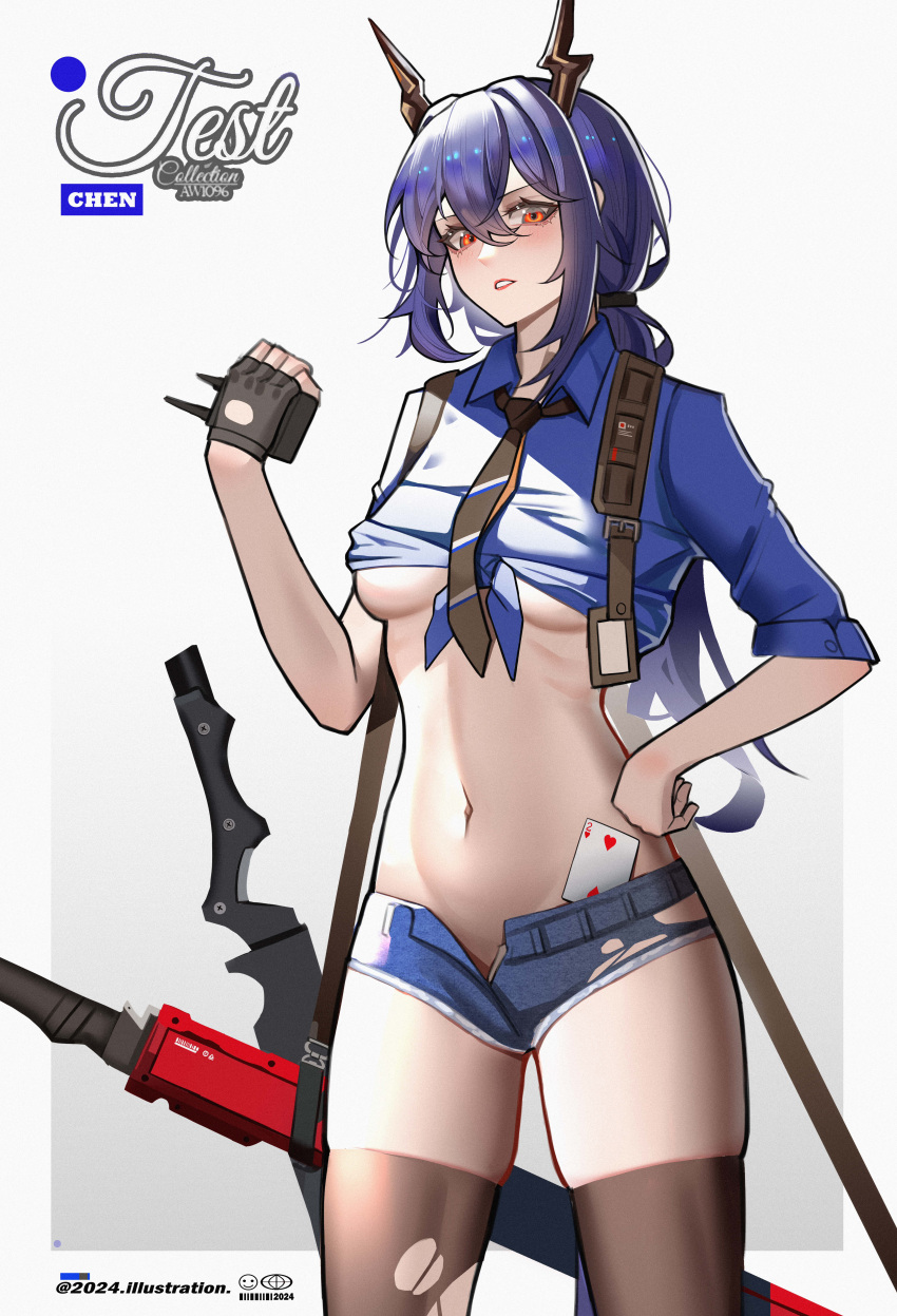 1girl absurdres arknights blue_hair breasts card ch'en_(arknights) chi_xiao_(arknights) clothes_lift collared_shirt cowboy_shot denim denim_shorts dragon_girl dragon_horns dragon_tail fingerless_gloves gloves hand_on_own_hip hand_up highres holding_walkie-talkie horns long_hair midriff navel necktie official_alternate_costume open_fly pants playing_card red_eyes red_necktie shirt shirt_lift short_shorts shorts simple_background single_glove sword tail thighhighs torn_clothes torn_pants torn_thighhighs two_of_hearts underboob walkie-talkie weapon yat_(tsmn7245)