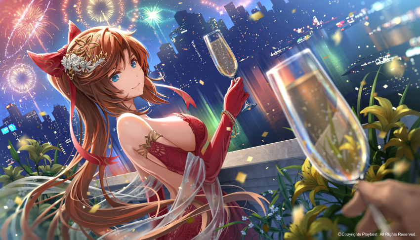 1girl absurdres alcohol bare_shoulders blue_eyes blurry blurry_foreground bow breasts brown_hair cityscape closed_mouth copyright_request cup depth_of_field dress elbow_gloves fireworks from_side glass gloves hair_bow hair_ornament highres holding holding_cup long_hair looking_at_viewer looking_to_the_side medium_breasts new_year night outdoors pinakes plant ponytail pov red_bow red_dress red_gloves skyline smile solo_focus strapless strapless_dress