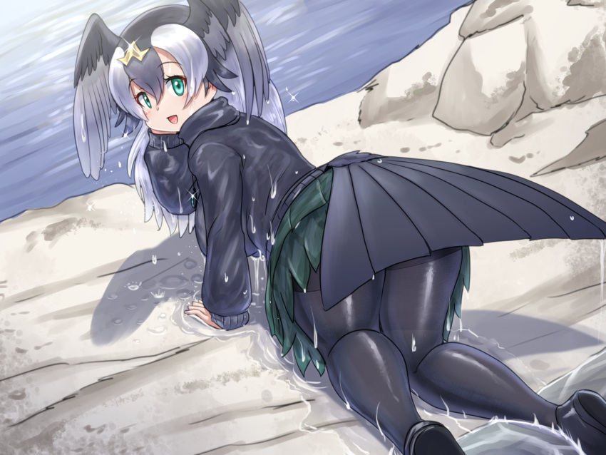 all_fours bird_girl bird_tail bird_wings black_footwear black_hair blush curvy dripping green_eyes green_skirt grey_hair hair_between_eyes head_wings highres japanese_cormorant_(kemono_friends) jewelry kemono_friends kemono_friends_3 long_sleeves looking_at_viewer mo23 multicolored_hair ocean open_mouth pantyhose rock shirt skirt sweater tail turtleneck wet wings