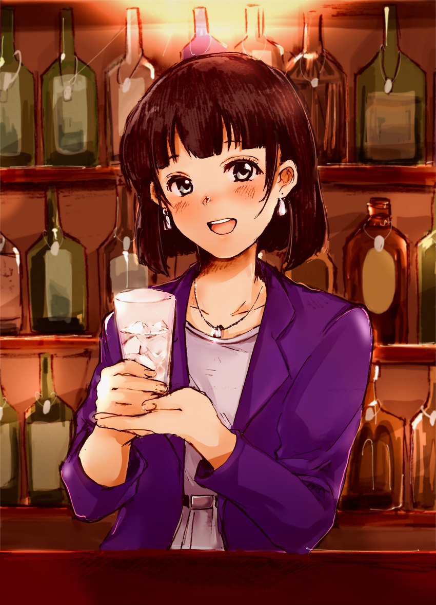 1girl :d absurdres amano_kosame black_hair blush bottle brown_hair cup earrings grey_eyes highres holding holding_cup ice ice_cube indoors jewelry looking_at_viewer medium_hair necklace purple_suit shino_(vppa) smile snack_basue solo suit upper_body