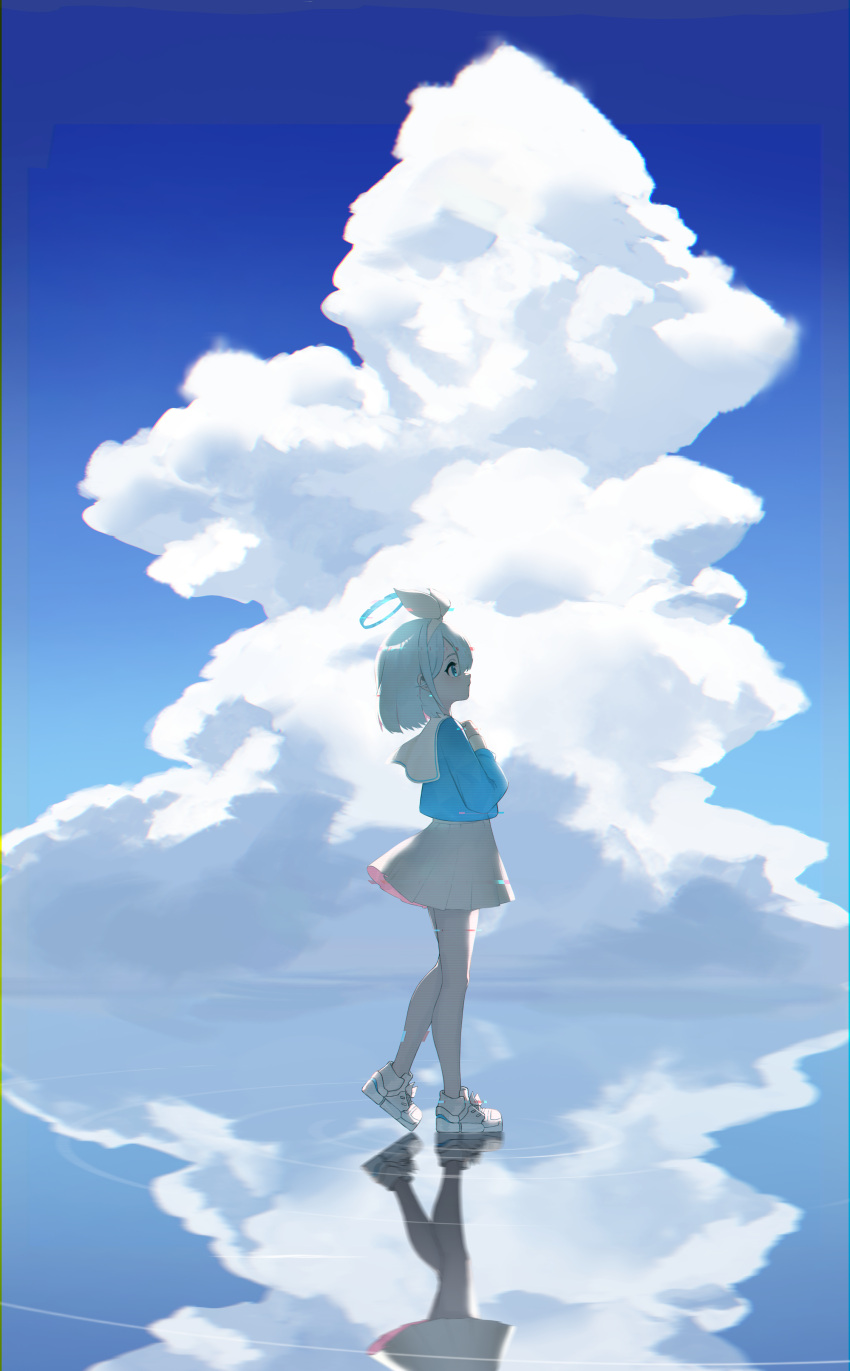 1girl absurdres arona_(blue_archive) black_skirt blue_archive blue_eyes blue_hair blue_shirt blue_sky cloud commentary_request day from_side full_body hairband halo hand_up highres miniskirt nasir outdoors pleated_skirt profile reflection sailor_collar shirt shoes short_hair skirt sky sneakers solo standing water water_world white_footwear white_sailor_collar