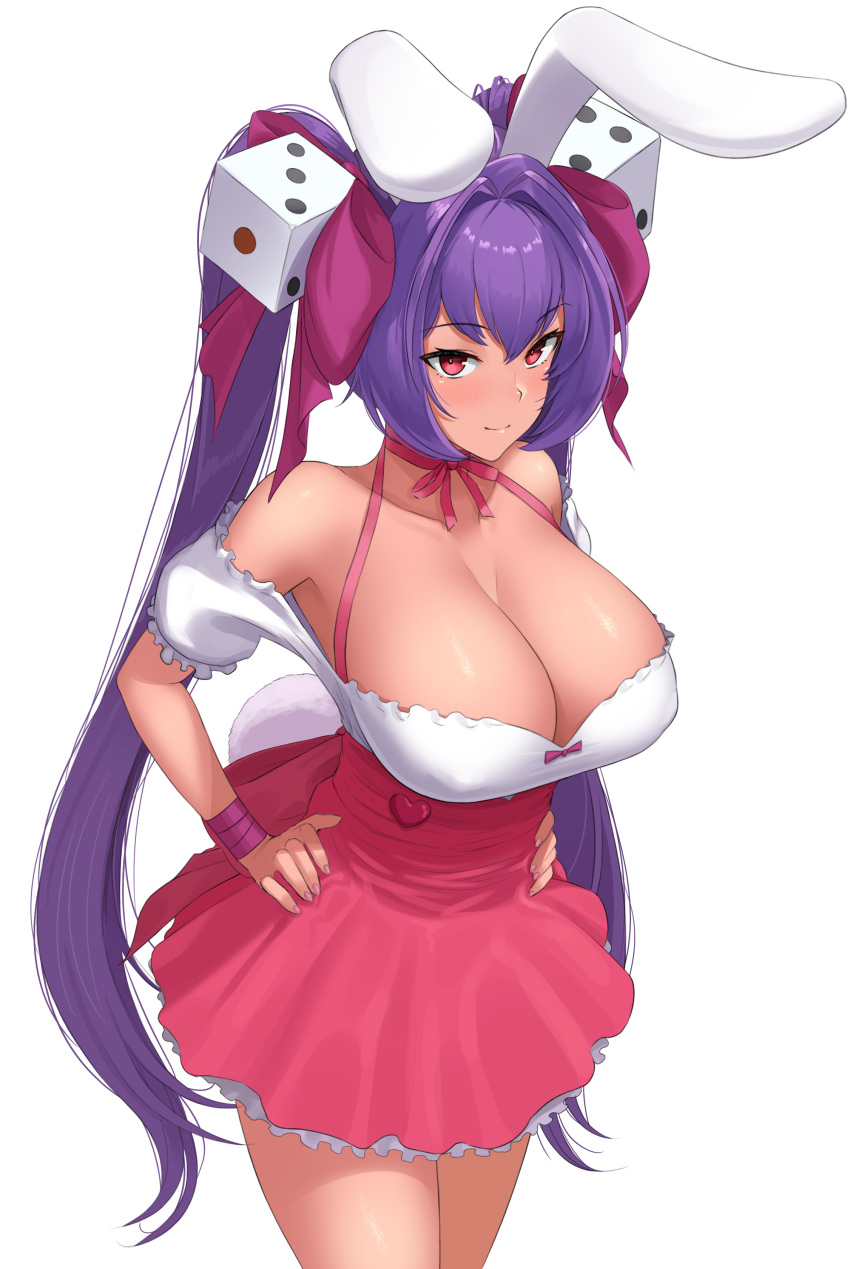 1girl absurdres aloe_(sos961111) animal_ears bow breasts choker cleavage closed_mouth di_gi_charat dice_hair_ornament eyebrows_visible_through_hair hair_bow hair_ornament hands_on_hips highres large_breasts long_hair looking_at_viewer purple_bow purple_hair rabbit_ears red_choker red_eyes red_ribbon ribbon ribbon_choker simple_background smile solo twintails usada_hikaru very_long_hair white_background