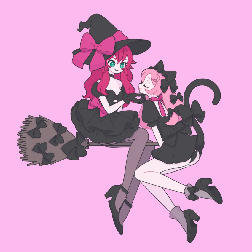 2girls animal_ears ayase_naru black_bow black_dress black_footwear black_gloves black_headwear black_panties black_pantyhose bow breasts broom broom_riding cat_ears cat_tail cleavage dress full_body gloves green_eyes hair_bow halloween hand_on_another's_chin hat high_heels highres long_hair looking_at_another multiple_girls nyaasechan open_mouth panties pantyhose pink_background pink_hair pink_ribbon pretty_rhythm pretty_rhythm_rainbow_live pretty_series renjouji_beru ribbon short_dress simple_background sitting small_breasts smile tail underwear witch_hat