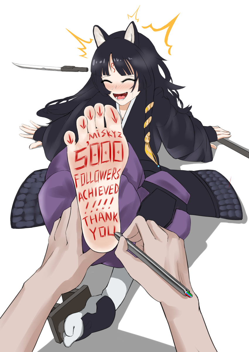 1girl absurdres animal_ears arknights barefoot black_hair blush body_writing dog_ears feet fingerless_gloves foot_focus foot_tickling gloves highres holding_another's_foot laughing long_hair pen saga_(arknights) soles tabi tears tickling toes yksiw_usd