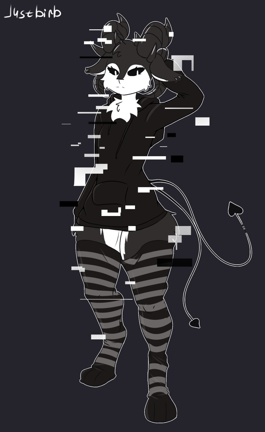 2_tails 3_toes 4_horns absurd_res anthro artist_name black_background black_body black_clothing black_footwear black_fur black_hoodie black_horn black_legwear black_sclera black_socks black_thigh_highs black_thigh_socks black_topwear bottomless breasts chest_tuft clothed clothing countershade_face countershade_fur countershade_legs countershade_thighs countershade_torso countershading curved_horn digital_media_(artwork) digitigrade ear_piercing ear_ring eyelashes feet female footwear full-length_portrait fur glitch grey_clothing grey_footwear grey_legwear grey_socks grey_thigh_highs grey_thigh_socks greyscale hand_behind_head hi_res hoodie horn justbirb legwear mammal monochrome multi_horn multi_tail multicolored_body multicolored_fur piercing portrait pupils ring_piercing simple_background small_breasts socks solo spade_tail standing tail thigh_highs thigh_socks three-quarter_view toes topwear tuft two_tone_body two_tone_fur unknown_character unknown_species white_body white_countershading white_fur white_pupils
