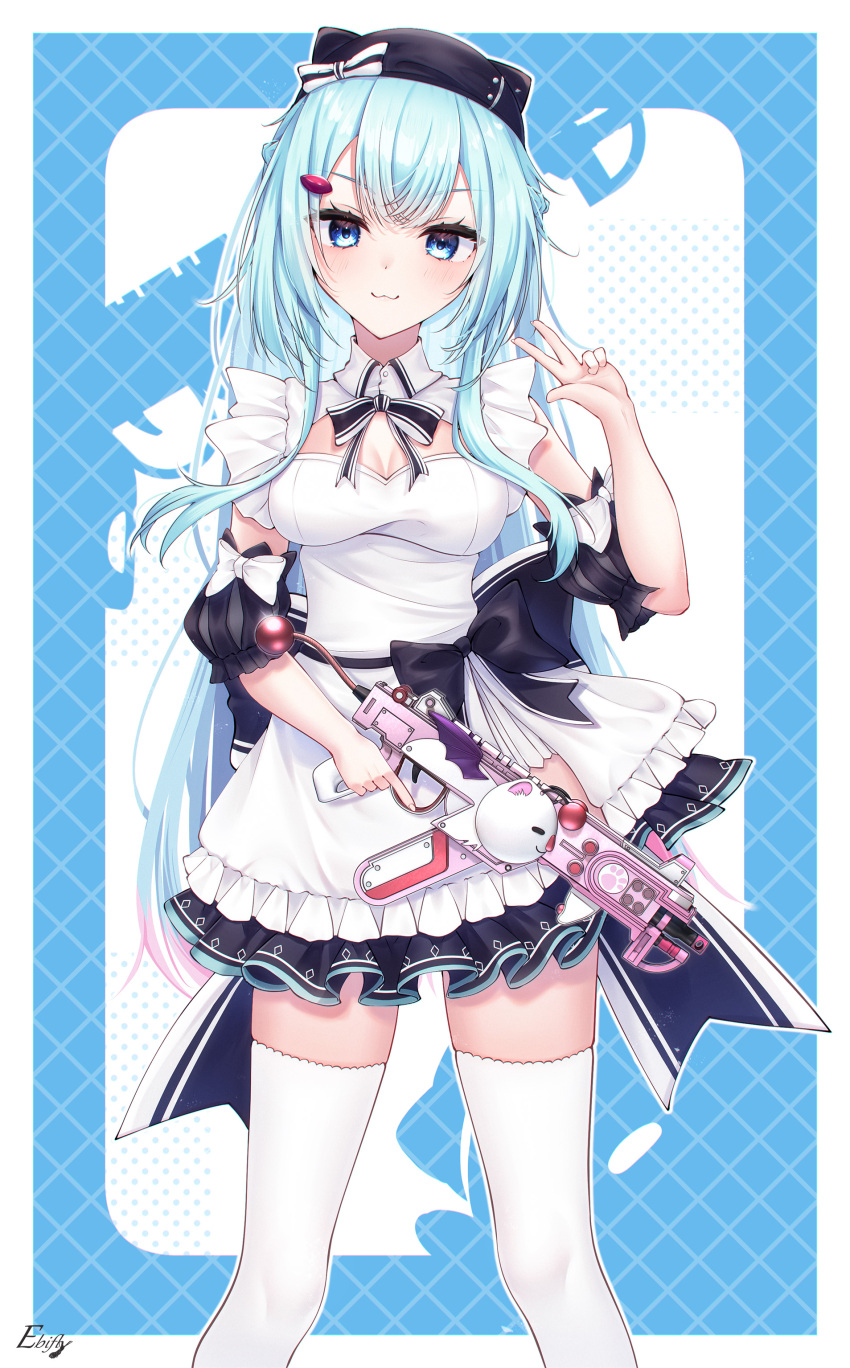 1girl absurdres apex_legends artist_name black_bow black_headwear blue_eyes blue_hair blush bow breasts cleavage cleavage_cutout clothing_cutout colored_tips commission dress ebifly401 final_fantasy final_fantasy_vii final_fantasy_vii_rebirth final_fantasy_vii_remake gun hair_ornament hairclip hat hat_bow head_tilt highres holding holding_gun holding_weapon indie_virtual_youtuber long_hair looking_at_viewer medium_breasts moogle multicolored_hair pink_hair r-99_smg skeb_commission smile solo submachine_gun thighhighs trigger_discipline very_long_hair virtual_youtuber weapon white_bow white_dress white_thighhighs yururi_megu