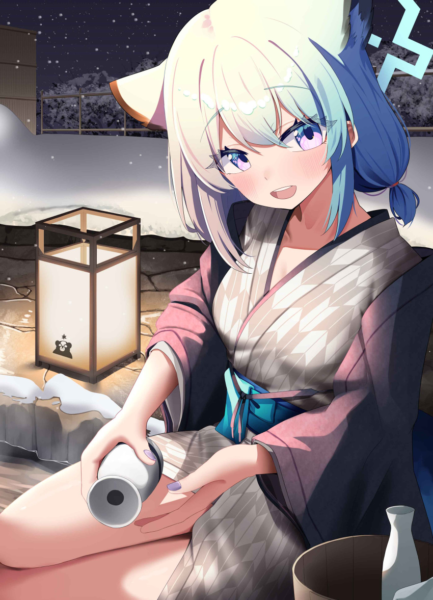 1girl absurdres akinoji_(akiponpon27) animal_ears aqua_hair bare_legs bath_yukata blue_archive blush bottle bucket collarbone extra_ears fingernails halo hanten_(clothes) highres holding holding_bottle japanese_clothes kimono looking_at_viewer nail_polish official_alternate_costume pouring purple_eyes shigure_(blue_archive) shigure_(hot_spring)_(blue_archive) short_twintails smile snow snowing solo thighs tokkuri twintails upper_body weasel_ears wooden_bucket yukata