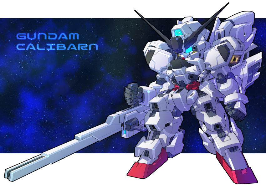 aqua_eyes beam_cannon character_name chibi commentary energy_cannon english_text full_body glowing glowing_eyes gundam gundam_calibarn gundam_suisei_no_majo haiteku_reibou holding holding_cannon holding_weapon mecha mobile_suit no_humans robot science_fiction sd_gundam solo space standing v-fin weapon