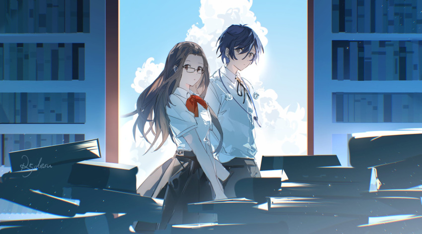 1boy 1girl black-framed_eyewear black_eyes black_pants black_ribbon black_skirt blue_hair blue_sky book bookshelf bow bowtie brown_eyes brown_hair cloud collared_shirt day fushimi_chihiro gekkoukan_high_school_uniform glasses hands_in_pockets highres long_hair looking_at_viewer neck_ribbon pants persona persona_3 pleated_skirt pocket r5_(yexinr5) red_bow red_bowtie ribbon school_uniform shirt short_hair short_sleeves signature skirt sky white_shirt yuuki_makoto_(persona_3)