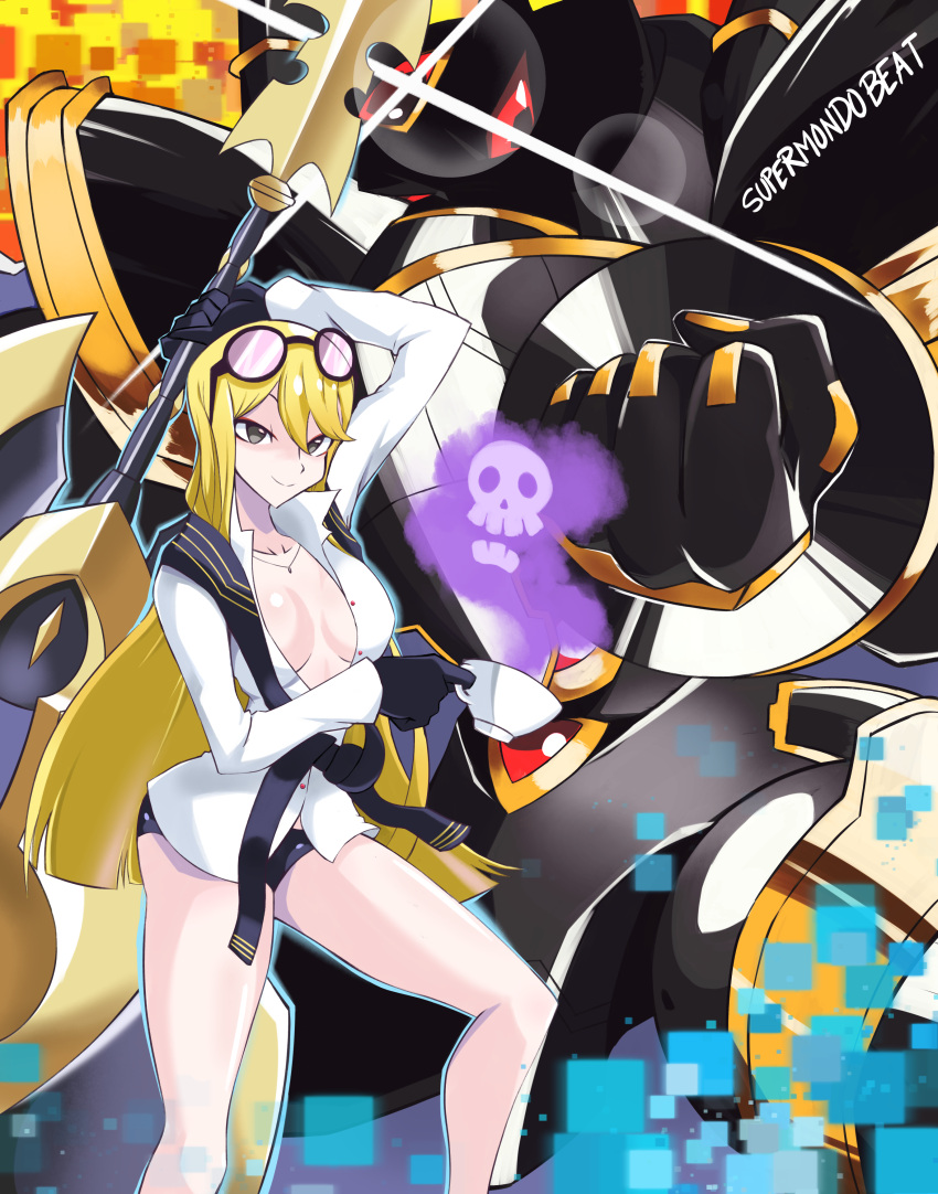 1girl absurdres alphamon artist_name black_panties black_scarf blonde_hair breasts cleavage clenched_hand coffee_cup collarbone cup digimon digimon_story:_cyber_sleuth disposable_cup eyewear_on_head forehead_jewel glint halberd highres holding holding_polearm holding_weapon knight kuremi_kyouko long_hair mecha medium_breasts open_clothes open_shirt panties poison polearm red_eyes robot scarf skull sunglasses supermondobeat unbuttoned unbuttoned_shirt underwear weapon