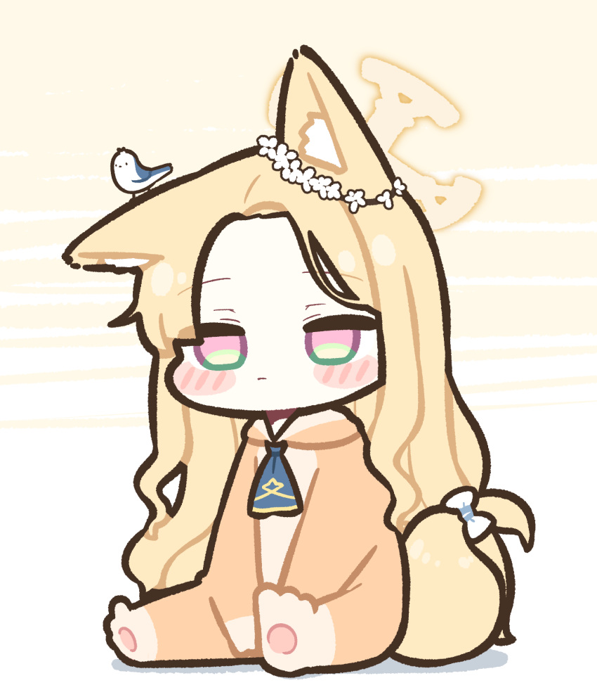 1girl alternate_costume animal animal_ears animal_on_head bird bird_on_head blonde_hair blue_archive blush brown_pajamas closed_mouth fox_ears fox_tail full_body halo highres long_hair on_head pajamas piki_(itpiki) seia_(blue_archive) sitting solo tail white_bird yellow_eyes yellow_halo