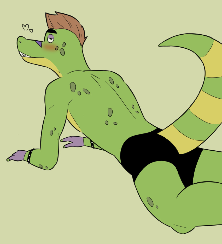 &lt;3 absurd_res alligator alligatorid animal_humanoid anthro blush boxers_(clothing) briefs butt clothing crocodilian five_nights_at_freddy's five_nights_at_freddy's:_security_breach hair hi_res humanoid looking_at_viewer lying male montgomery_gator_(fnaf) nihilistdigby on_front on_ground presenting presenting_hindquarters red_hair reptile reptile_humanoid scalie scalie_humanoid scottgames solo underwear video_games
