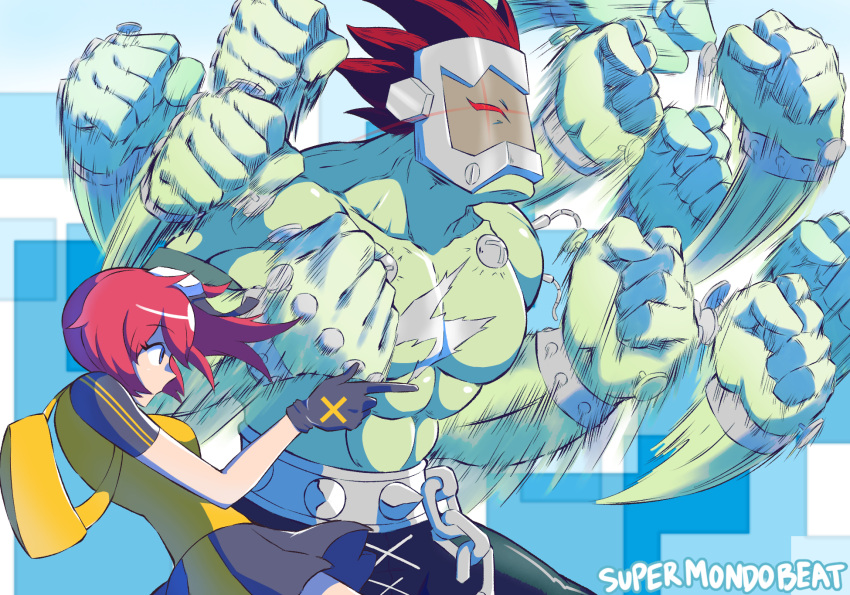 1boy 1girl afterimage aiba_ami artist_name black_skirt blue_eyes bolt boltmon breasts chain colored_skin digimon digimon_(creature) digimon_story:_cyber_sleuth gloves glowing glowing_eyes goggles goggles_on_head green_skin high_side_ponytail highres jojo_no_kimyou_na_bouken jojo_pose mask medium_breasts medium_hair meme muscular parody pointing punching rapid_punches red_eyes red_hair shirt short_sleeves side_ponytail skirt spiked_belt spiked_hair spikes supermondobeat topless topless_male yellow_shirt
