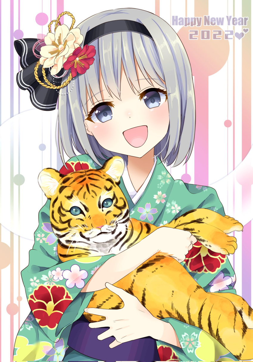 1girl :d alternate_costume animal bangs black_hairband blue_sash blush bob_cut chain chinese_zodiac commentary_request cub dot_nose english_text eyebrows_visible_through_hair floral_print flower gold_chain green_kimono grey_eyes hair_flower hair_ornament hairband highres holding holding_animal japanese_clothes kimono konpaku_youmu new_year obi open_mouth red_flower sash short_hair silver_hair smile solo standing stigma1101 tiger touhou whiskers white_flower year_of_the_tiger