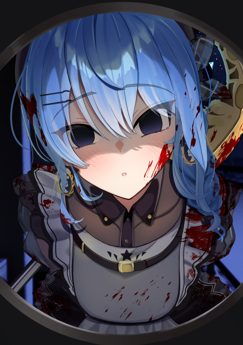 1girl absurdres apron axe black_dress blood blood_in_hair blood_on_clothes blood_on_face blue_hair blush braid collared_dress commentary_request double-parted_bangs dress empty_eyes grey_apron hair_between_eyes hair_ornament hair_over_shoulder hairclip highres holding holding_axe holding_weapon hololive hoshimachi_suisei hoshimachi_suisei_(maid) kurenaiaoi0 long_hair looking_at_viewer maid official_alternate_costume official_alternate_hairstyle parted_lips pov_peephole side_braid single_braid smile solo upper_body virtual_youtuber weapon yandere