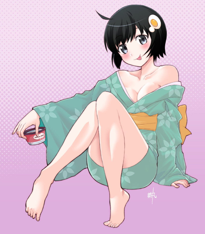 1girl :p absurdres ahoge araragi_tsukihi artist_name barefoot black_eyes black_hair blush brand_name_imitation breasts cleavage closed_mouth commentary egg_hair_ornament floral_print food food-themed_hair_ornament fried_egg full_body green_kimono haagen-dazs hair_ornament halftone halftone_background hand_on_ground highres holding holding_food holding_ice_cream ice_cream japanese_clothes kikumaru_bunta kimono knees_together_feet_apart knees_up long_sleeves looking_at_viewer medium_breasts monogatari_(series) obi off_shoulder on_ground pink_background sash short_hair short_kimono signature single_bare_shoulder sitting smile solo toes tongue tongue_out translated wide_sleeves yellow_sash