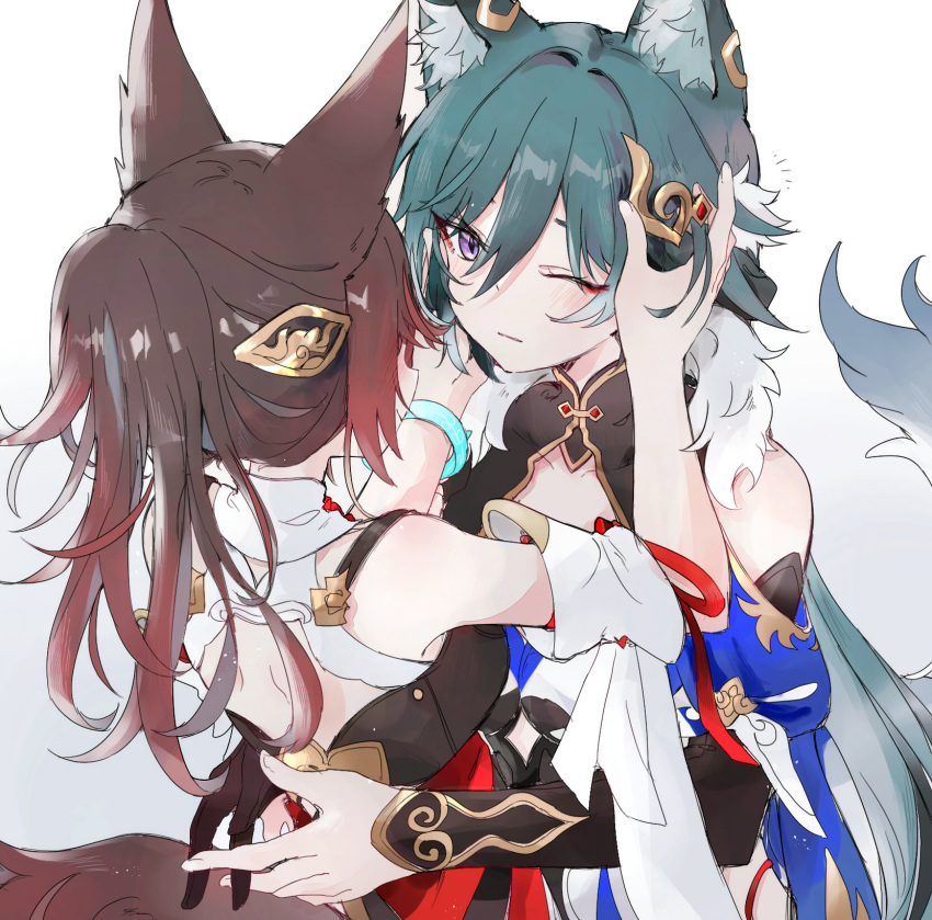 2girls animal_ears bare_shoulders blush bracelet brown_hair cleavage_cutout closed_mouth clothing_cutout detached_sleeves embroidery eyeshadow facing_another fox_ears fox_girl fox_tail fud green_bracelet green_hair hair_between_eyes hair_ornament highres holding_another's_head honkai:_star_rail honkai_(series) hug jewelry long_hair makeup multiple_girls one_eye_closed ponytail purple_eyes red_eyeshadow red_ribbon ribbon sidelocks strap tail tingyun_(honkai:_star_rail) white_background yukong_(honkai:_star_rail)