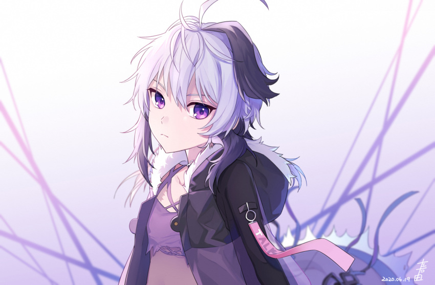 1girl antenna_hair black_hair black_jacket closed_mouth collarbone crop_top dated flower_(gynoid_talk) flower_(vocaloid) fur-trimmed_jacket fur_trim gradient_background hair_between_eyes highres jacket looking_at_viewer messy_hair multicolored_hair open_clothes open_jacket purple_background purple_eyes purple_shirt see-through serious shirt short_hair_with_long_locks solo streaked_hair suiso_sn3 vocaloid white_background white_hair