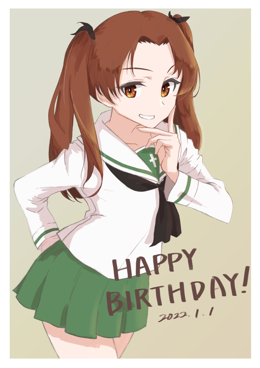 1girl absurdres arm_behind_back bangs black_neckerchief black_ribbon border brown_eyes brown_hair commentary_request cowboy_shot dated gesture_request girls_und_panzer gradient gradient_background green_skirt grin hair_ribbon hand_on_ass hand_to_own_mouth hand_up happy_birthday highres kadotani_anzu long_hair long_sleeves looking_at_viewer neckerchief ooarai_school_uniform oritako parted_bangs pleated_skirt ribbon sailor_collar school_uniform serafuku shirt skirt smile solo standing teeth twintails white_border white_sailor_collar white_shirt