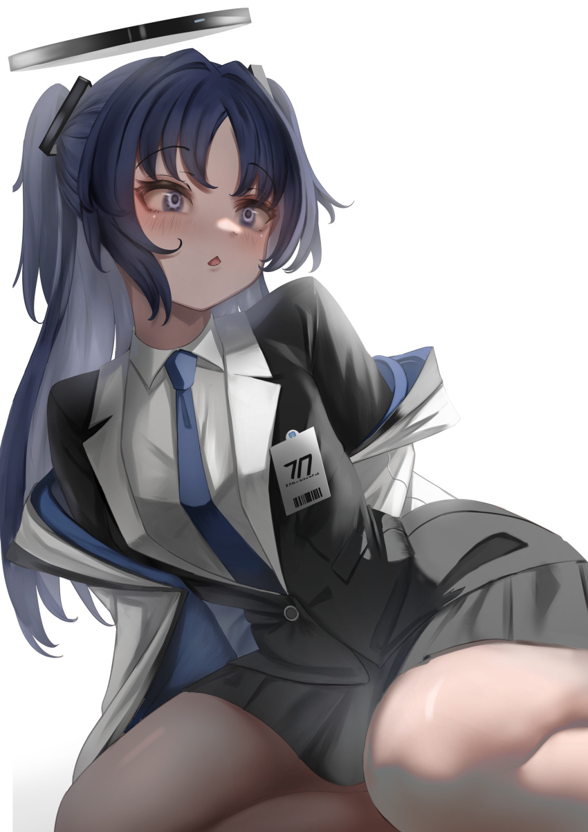 1girl absurdres arms_behind_back black_skirt blue_archive blue_eyes blue_hair blue_necktie blush collared_shirt halo harusame_soup highres kneeling long_hair necktie open_mouth parted_bangs pleated_skirt shirt sidelighting skirt solo steaming_body thighs white_background white_shirt yuuka_(blue_archive)