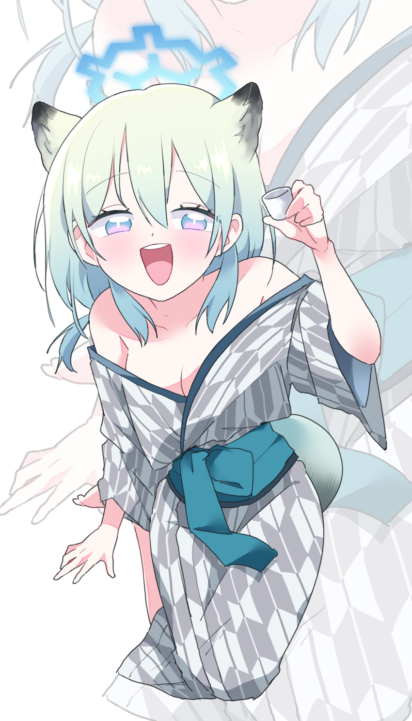 1girl absurdres animal_ears blue_archive blue_halo blush breasts cleavage cup green_hair grey_kimono hair_between_eyes halo highres holding holding_cup japanese_clothes kimono long_sleeves medium_breasts medium_hair obi official_alternate_costume open_mouth purple_eyes round_teeth sash shigure_(blue_archive) shigure_(hot_spring)_(blue_archive) smile solo tail tamago_bororo teeth upper_teeth_only weasel_ears weasel_tail wide_sleeves zoom_layer