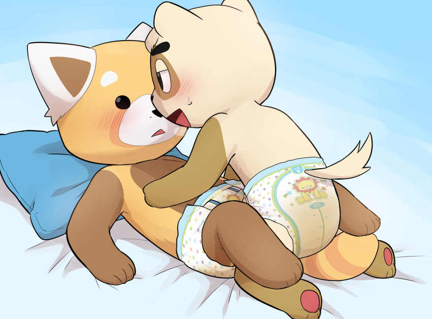 aggretsuko ailurid anai_(aggretsuko) anthro badger bed blush bodily_fluids clothed clothing diaper diaper_fetish diaper_only duo frottage furniture genital_fluids hi_res japanese_badger looking_pleasured male male/male mammal meles mustelid musteline open_mouth penile pillow red_panda resasuke sanrio satsuki_rabbit sex sweat sweatdrop topless underwear urine wet wet_diaper wetting